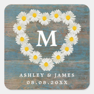 Hübsche Daisies Monogram Wedding Blue Wood Quadratischer Aufkleber