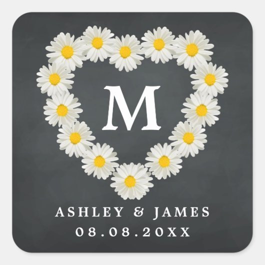Hübsche Daisies Monogram Wedding Chalkboard Quadratischer Aufkleber (Vorderseite)