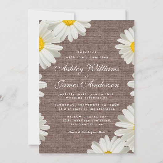 Hübsche Daisies White Floral Rustic Linen Wedding Einladung (Vorderseite)
