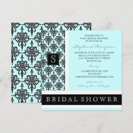 Hübsche Damask Monogram-Bridal-Dusche Einladung (Vorne/Hinten)