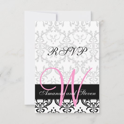 Hübsche Damask Pink Monogram Wedding RSVP Card (Vorderseite)