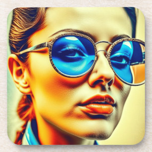Hübsche Dame mit blauer Sonnenbrille mit Spiegelun Getränkeuntersetzer