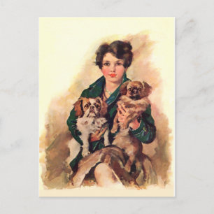 Hübsche Dame mit Pekinger Hunden Postkarte