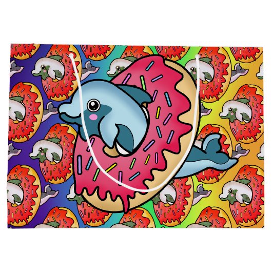 Hübsche Dolphin in rosa Donut mit Regenbogenfarben Große Geschenktüte (Rückseite)