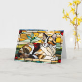 Hübsche Dreifarbenkatze Buntglas Karte (Gelbe Blume)