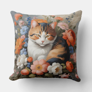 Hübsche dreifarbige Katze und Blumen Kissen