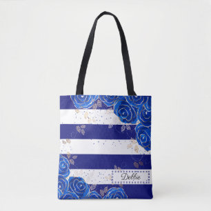 Hübsche dunkelblaue Blume und Streifen Totbeutel Tasche