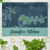 Hübsche dunkelblaue und Aquamarine grüne Blätter Geschirrtuch (Gefaltet)