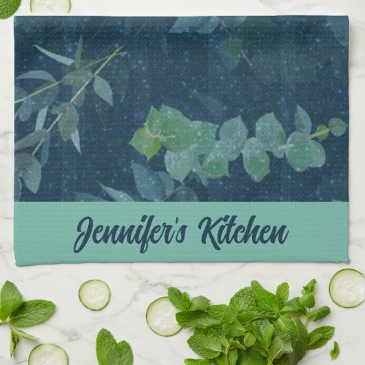 Hübsche dunkelblaue und Aquamarine grüne Blätter Geschirrtuch (Gefaltet)