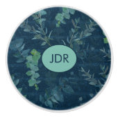 Hübsche dunkelblaue und Aquamarine grüne Blätter Keramikknauf (Vorderseite)