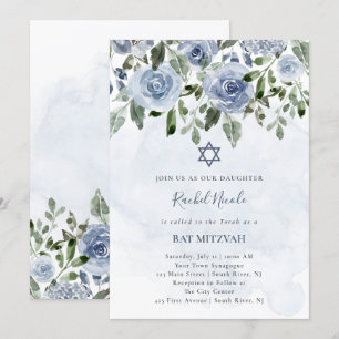 Hübsche Dusty Blue Watercolor-Blume  Bat Mitzvah Einladung