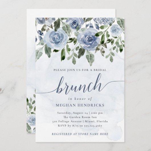 Hübsche Dusty Blue Watercolor Blume Bridal Brunch Einladung (Vorne/Hinten)