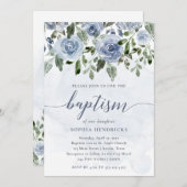 Hübsche Dusty Blue Watercolor-Blume | Taufe Einladung (Vorne/Hinten)