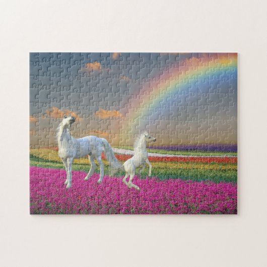 Hübsche Einhorn-Blumen-Regenbogen-Landschaft Puzzle (Horizontal)