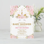 Hübsche Einhorn Girl Baby Dusche Pink Gold Floral Einladung (Stehend Vorderseite)