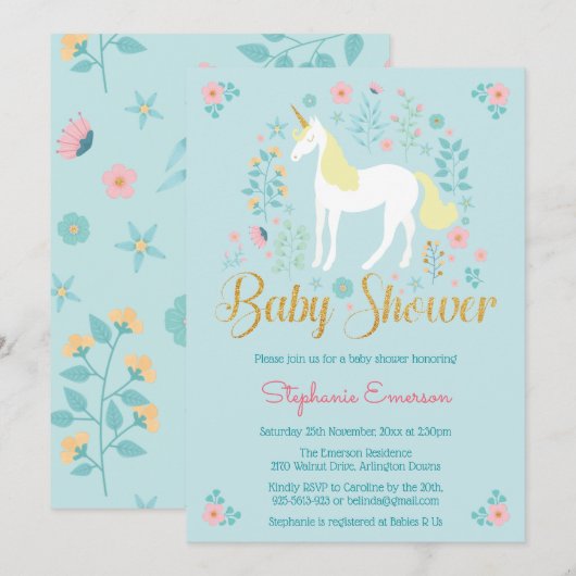 Hübsche Einhorn Gold Glitzer Kinderdusche Einladun Einladung (Vorne/Hinten)