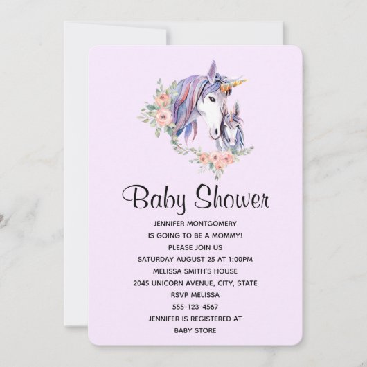 Hübsche Einhorn Mama & Baby Watercolor Babydusche Einladung (Vorderseite)