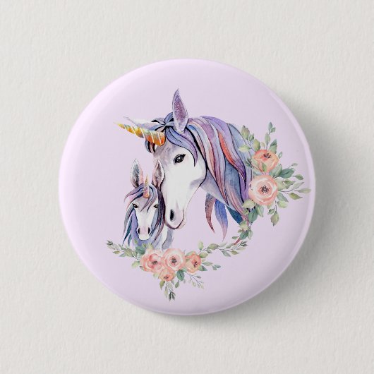Hübsche Einhorn-Mama & Baby Watercolor Button (Vorderseite)
