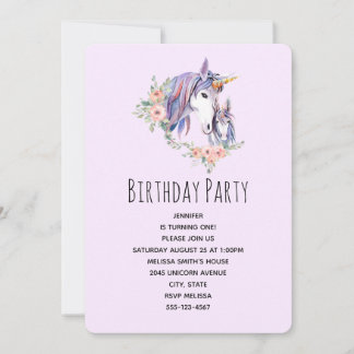 Hübsche Einhorn Mama & Baby Watercolor Geburtstag Einladung