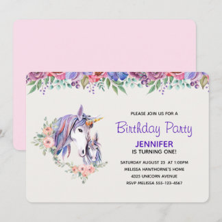 Hübsche Einhorn Mama & Baby Watercolor Geburtstag Einladung