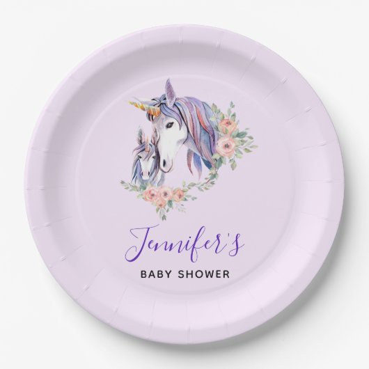 Hübsche Einhorn-Mama & Baby Watercolor Kinderdusch Pappteller (Vorderseite)