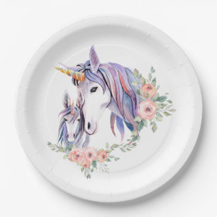 Hübsche Einhorn-Mama & Baby Watercolor Pappteller