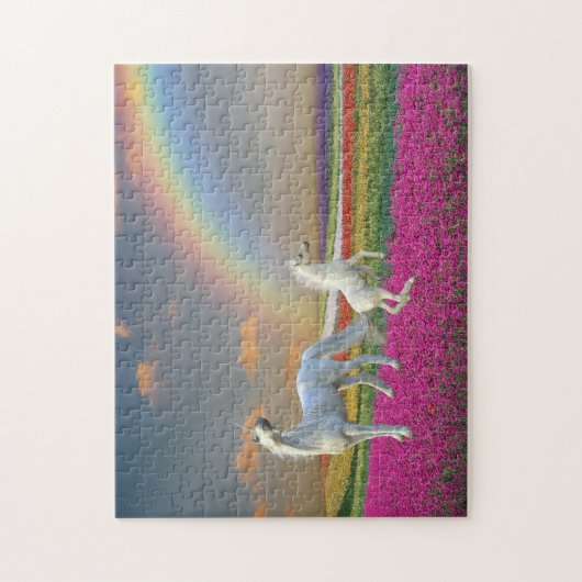 Hübsche Einhornbahn Blume Regenbogen Landschaft Puzzle (Vertikal)