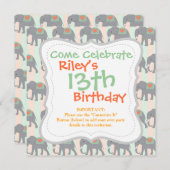 Hübsche Elefanten Korallenpfirsiche Grünstreifen Einladung (Vorne/Hinten)