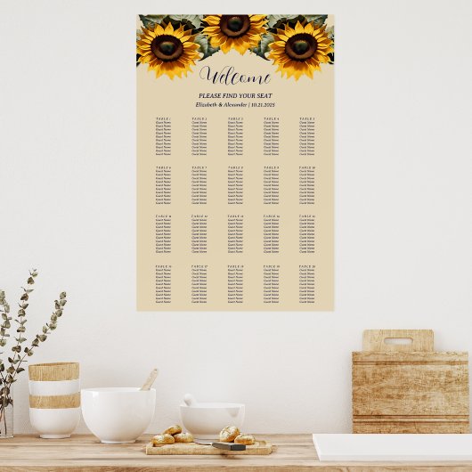 Hübsche elegante Sonnenblumen Hochzeitsstichtabell Poster (Küche)