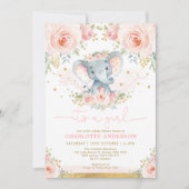 Hübsche Elephant Blush Pink Roses Baby Girl Dusche Einladung (Vorderseite)