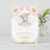 Hübsche Elephant Blush Pink Roses Baby Girl Dusche Einladung (Stehend Vorderseite)