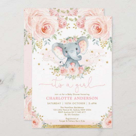 Hübsche Elephant Blush Pink Roses Baby Girl Dusche Einladung (Vorne/Hinten)