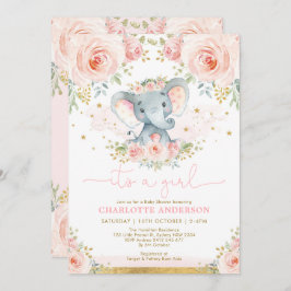 Hübsche Elephant Blush Pink Roses Baby Girl Dusche Einladung