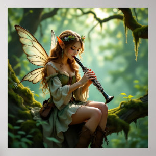 Hübsche elfenhafte Fee, die Klarinette spielt Poster