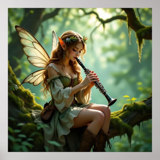 Hübsche elfenhafte Fee, die Klarinette spielt Poster (Vorne)