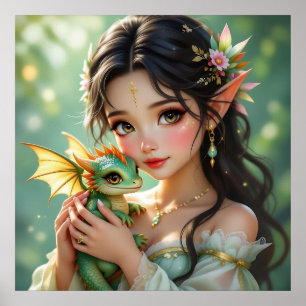 Hübsche elfenhafte Fee & Drache Poster