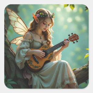 Hübsche elfenhafte Fee spielt Ukulele Quadratischer Aufkleber