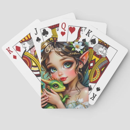 Hübsche elfenhafte Fee und personalisierter Drache Spielkarten (Rückseite)