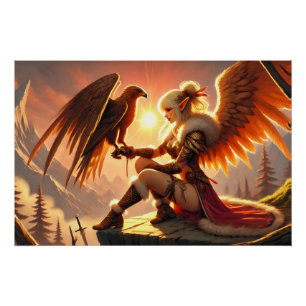 Hübsche Elfin mit Adler in der Morgensonne Poster