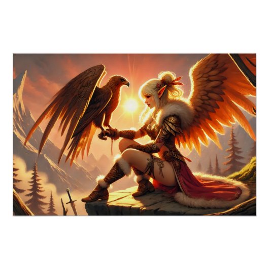 Hübsche Elfin mit Adler in der Morgensonne Poster (Vorderseite)