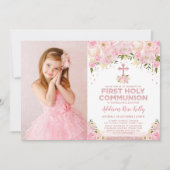 Hübsche Erste Kommune Rose Gold Pink Floral Einladung (Vorderseite)