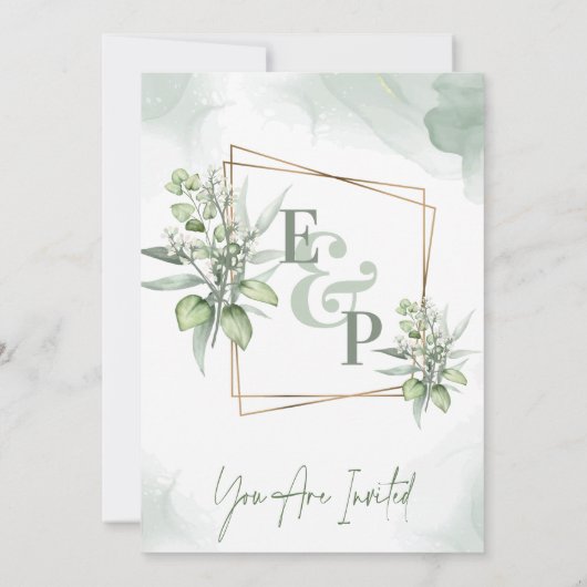 Hübsche Eukalyptus-Blätter Monogram Greenerity Wed Einladung (Rückseite)