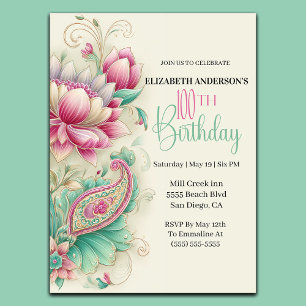 Hübsche Fancy Paisley Blume 100. Geburtstag Einladung
