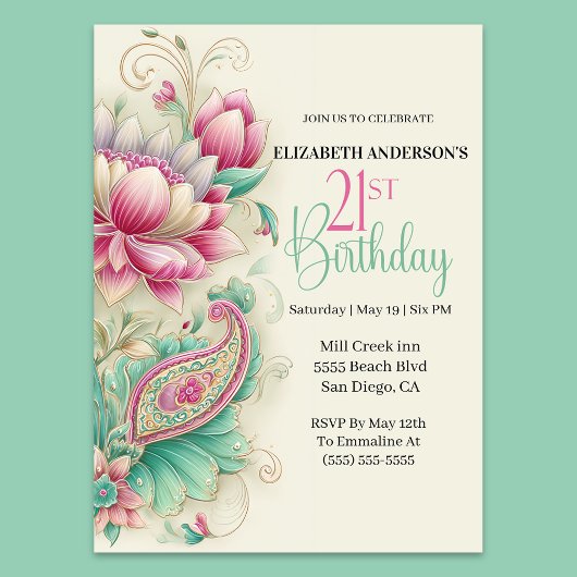 Hübsche Fancy Paisley Blume 21. Geburtstag Einladung