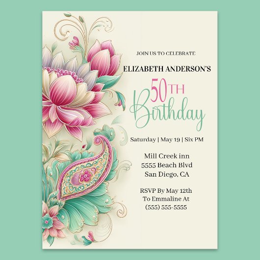 Hübsche Fancy Paisley Blume 50. Geburtstag Einladung