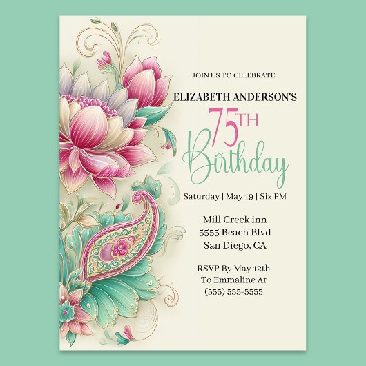 Hübsche Fancy Paisley Blume 75. Geburtstag Einladung