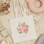 Hübsche Farbe Pfirsichrosa Rose Tragetasche<br><div class="desc">Schöne personalisierte handgefertigte Aquarell Rosa und pfirsichfarbene Rose Blume Tasche mit Ihrem personalisierten handgeschriebenen Kalligrafiennamen.</div>