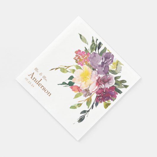 Hübsche, farbenfrohe Blüte Mr. & Mrs. Wedding Serviette (Ecke)