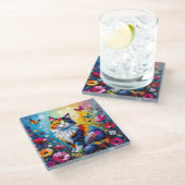 Hübsche farbenfrohe Impasto-Katze und Blumen Glasuntersetzer (Schrägansicht)