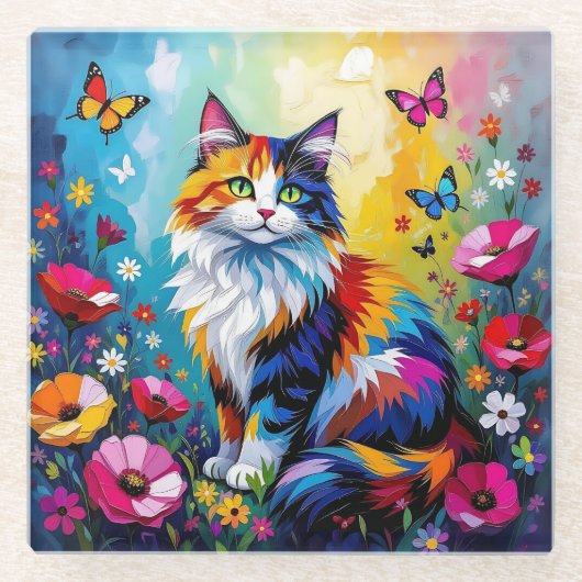 Hübsche farbenfrohe Impasto-Katze und Blumen Glasuntersetzer (Vorderseite)